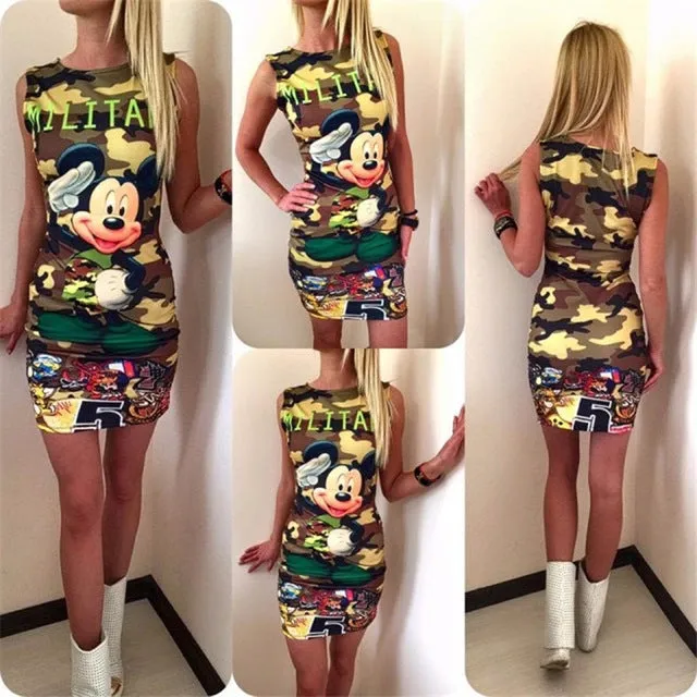 2017 New Summer Dresses Fashion Women Clothing Robe Sexy Cartoon Bodycon Miki Print ONeck Mini Casual Sheath Dresses Vestidos