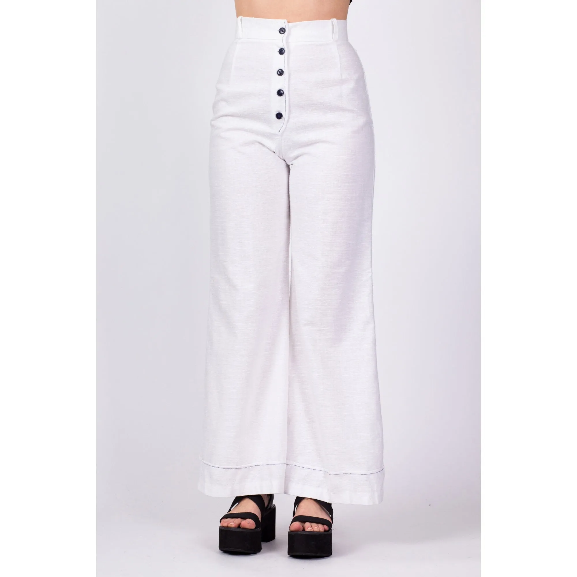 70s White Button Fly High Waisted Pants - Small, 25.5"