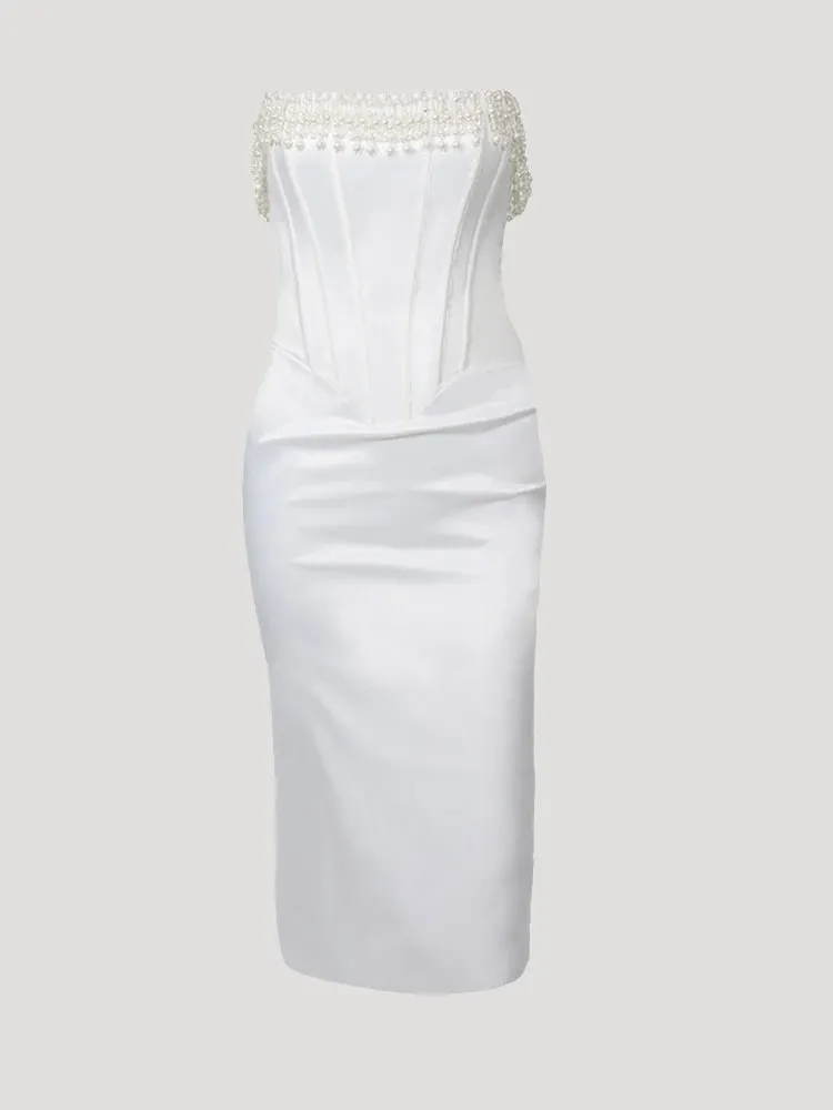 A&A Luxe White Beading Satin Bodycon Dress