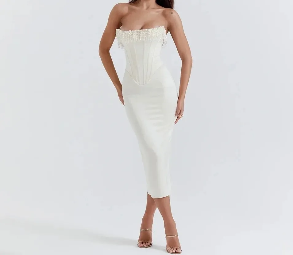 A&A Luxe White Beading Satin Bodycon Dress