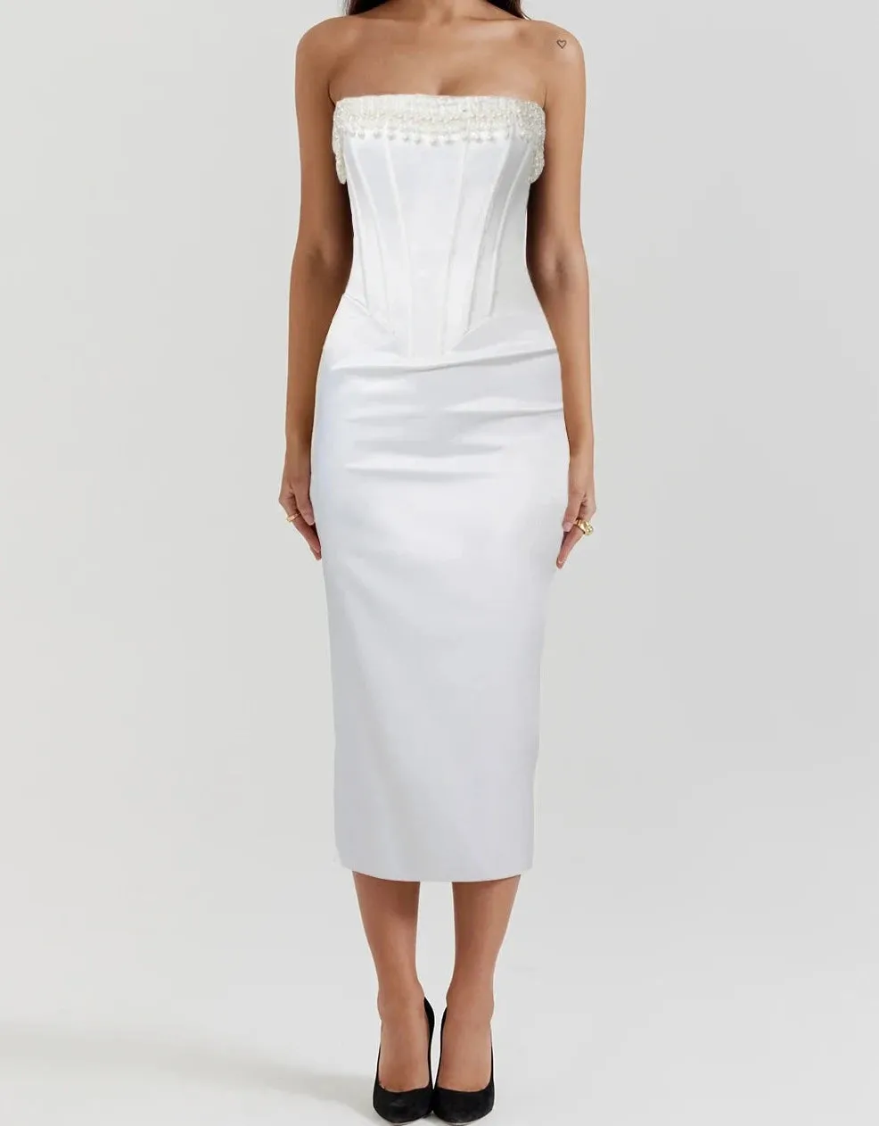 A&A Luxe White Beading Satin Bodycon Dress