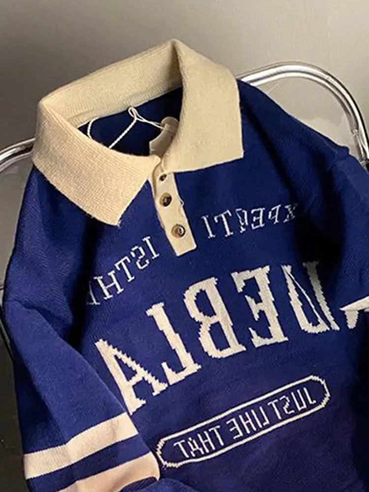 Aidase American Retro Lapel Sweater Men Hip Hop Vintage Street Letter Pullover Unisex Grunge Punk Preppy Striped Racing Top