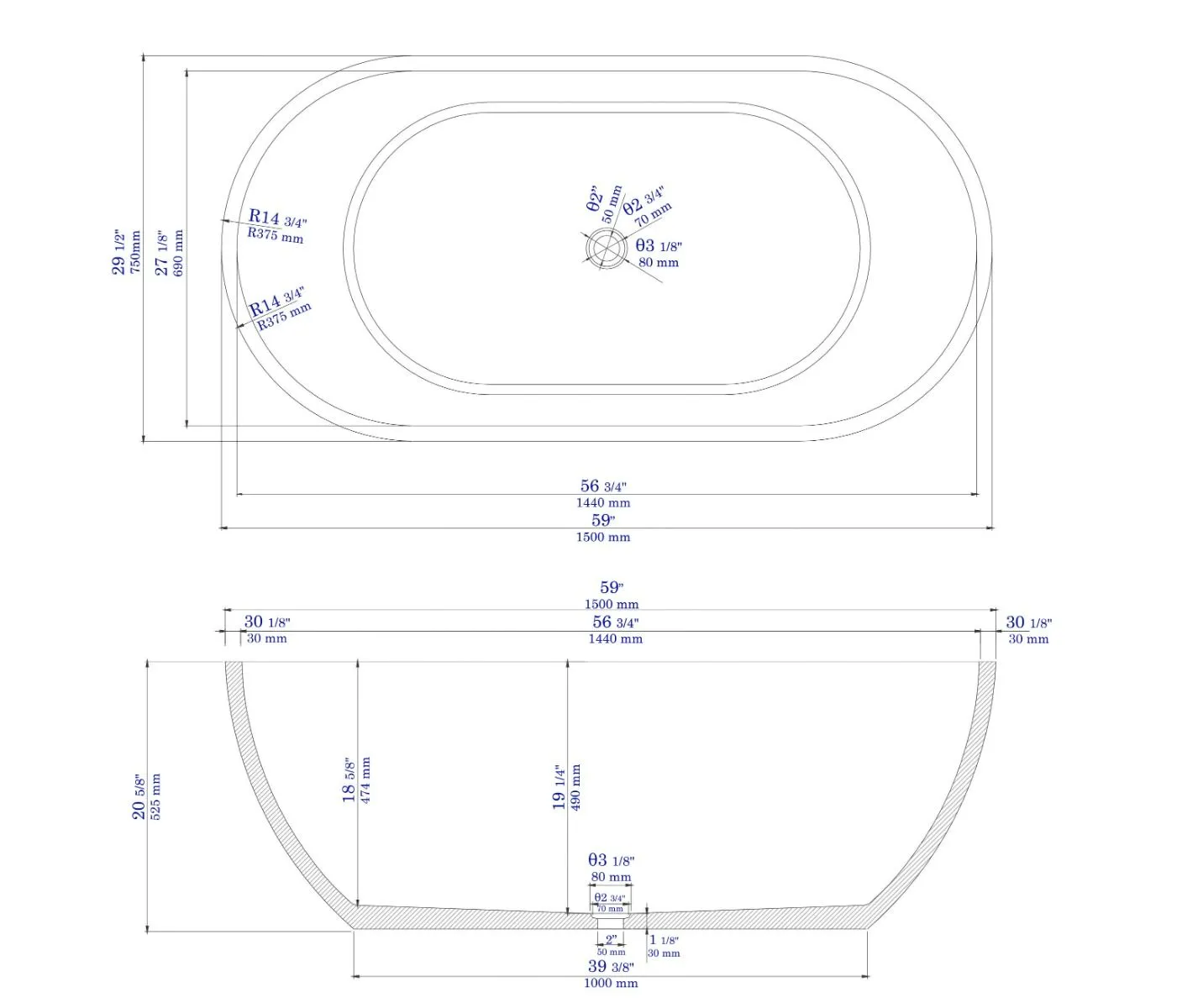 ALFI brand - 59" Solid Concrete Oval Freestanding Bathtub - ABCO59TUB