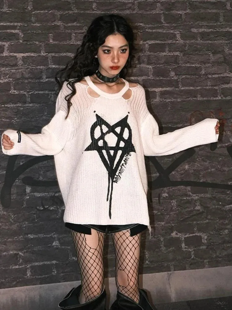 AltGoth Harajuku Streetwear Knitted Sweater Women Cyber Punk Y2k Pentagram Printed Long Sleeve Hollow Out Loose Casual Pullover