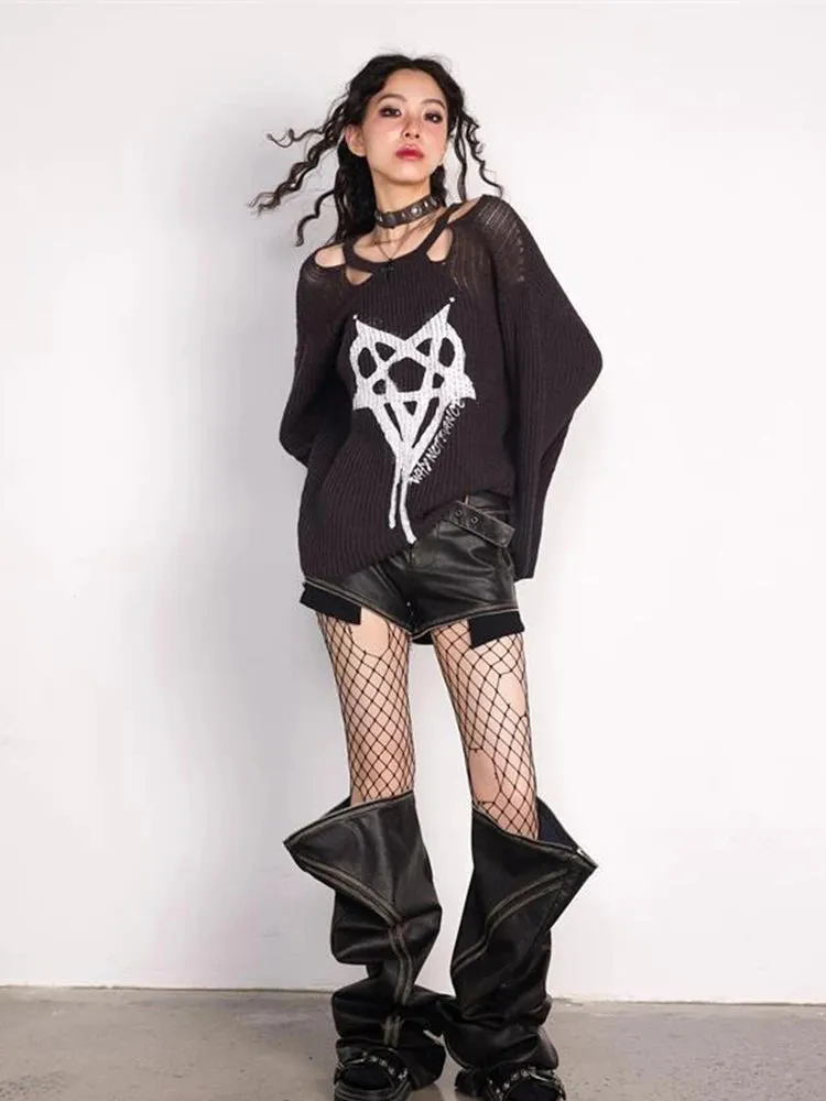 AltGoth Harajuku Streetwear Knitted Sweater Women Cyber Punk Y2k Pentagram Printed Long Sleeve Hollow Out Loose Casual Pullover