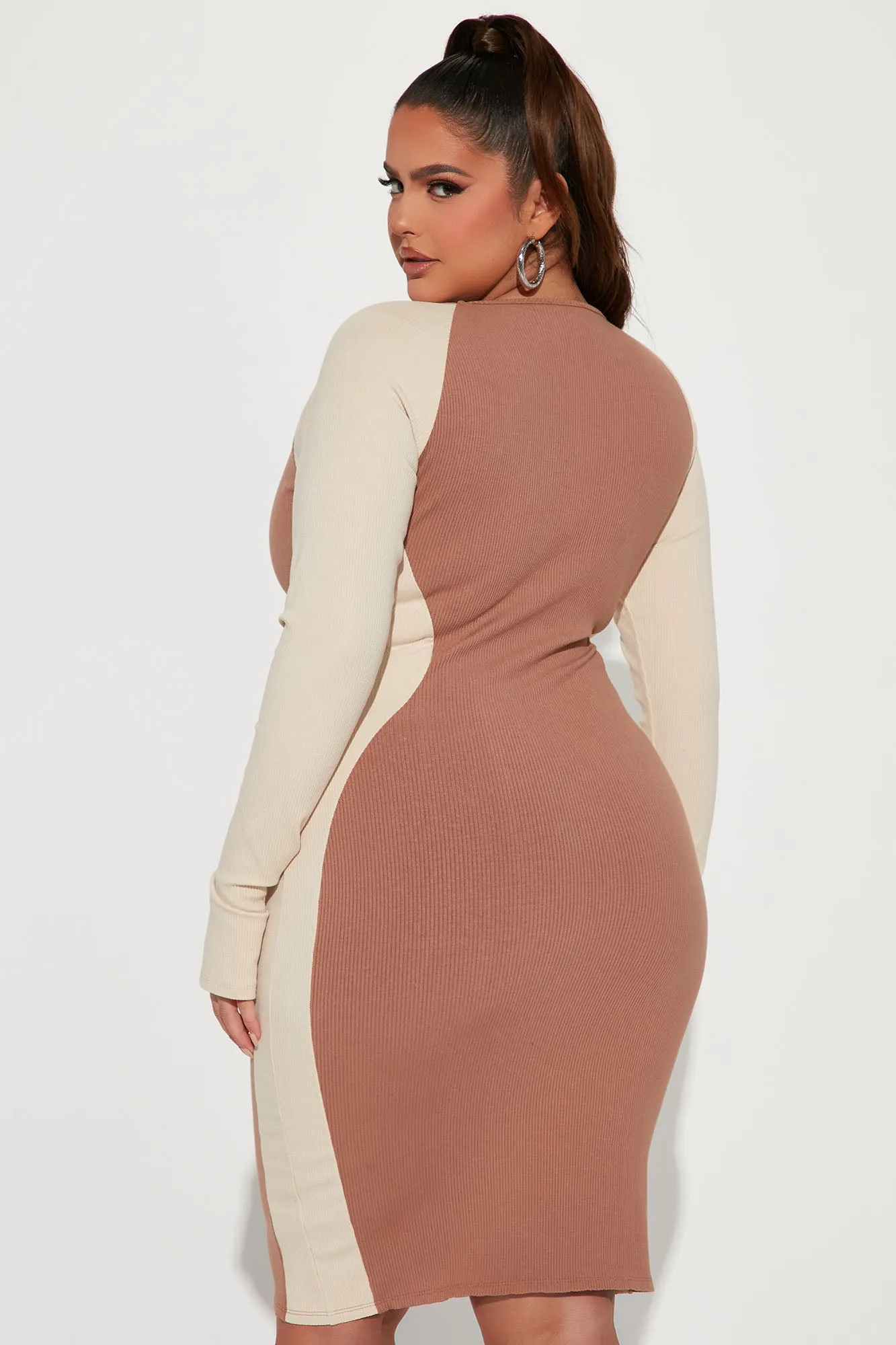 Amaya Snatched Long Sleeve Midi Dress - Nude/combo