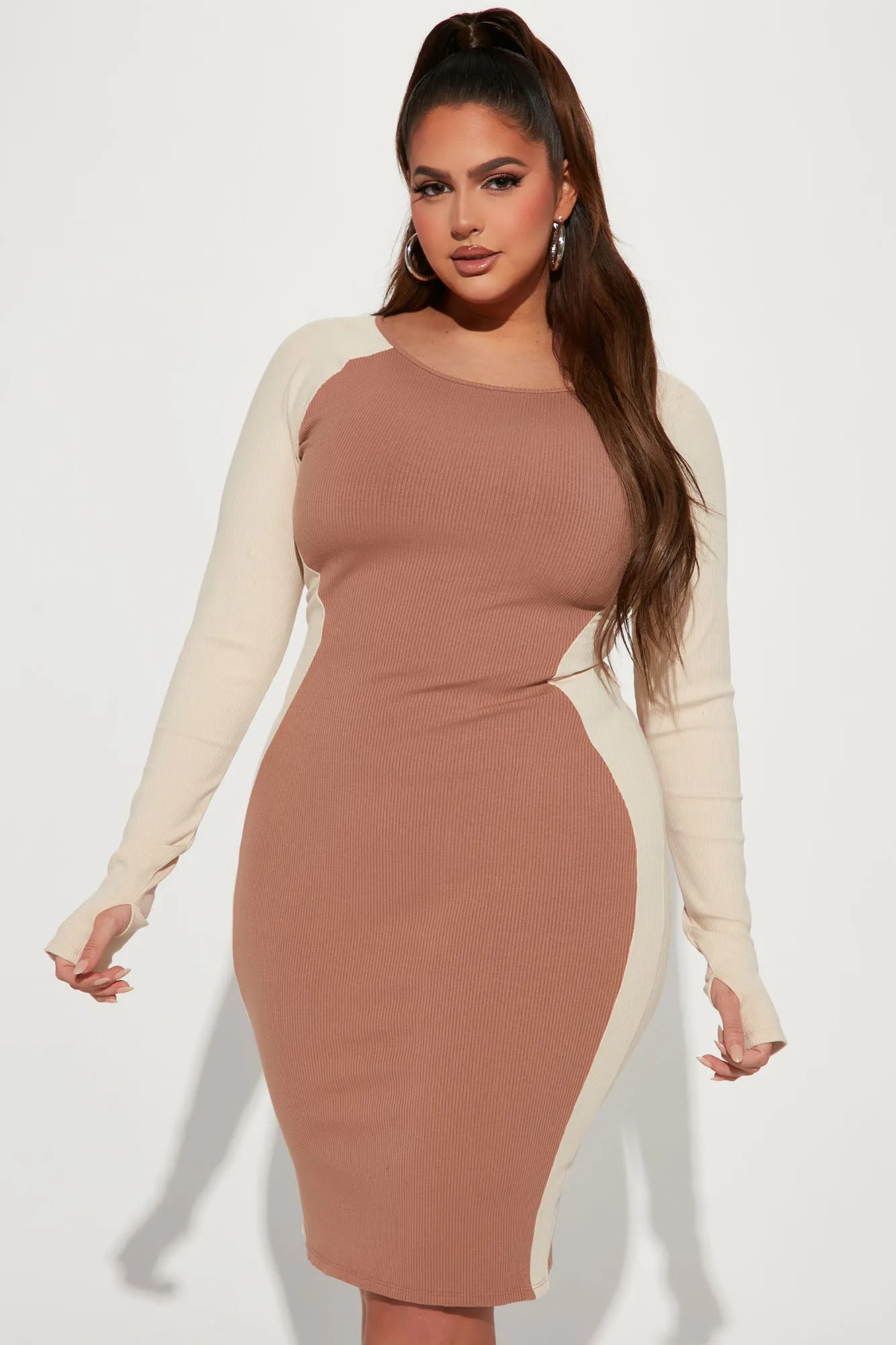 Amaya Snatched Long Sleeve Midi Dress - Nude/combo