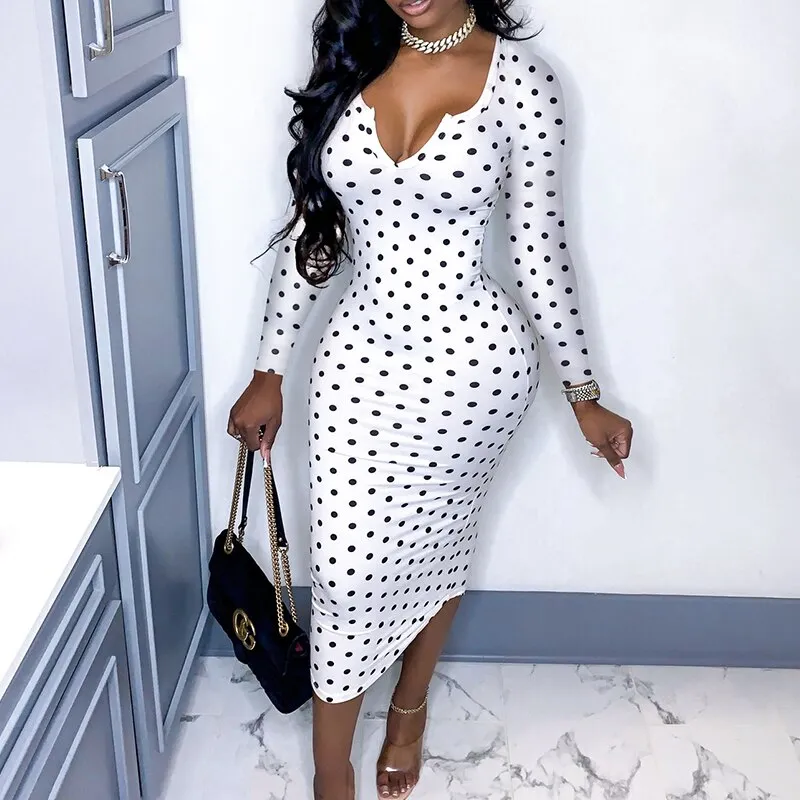 Amozae   Deep V Low Cut Bodycon Dress Vintage Leisure Women Polka Dot Dresses Office Lady Long Sleeve Bodycon Dress