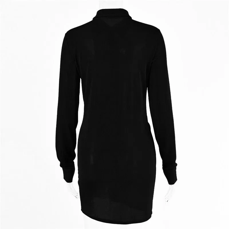 Autumn Ruched Long Sleeve Bodycon Turn-Down Collar Mini Dress Button Slim Party Dress