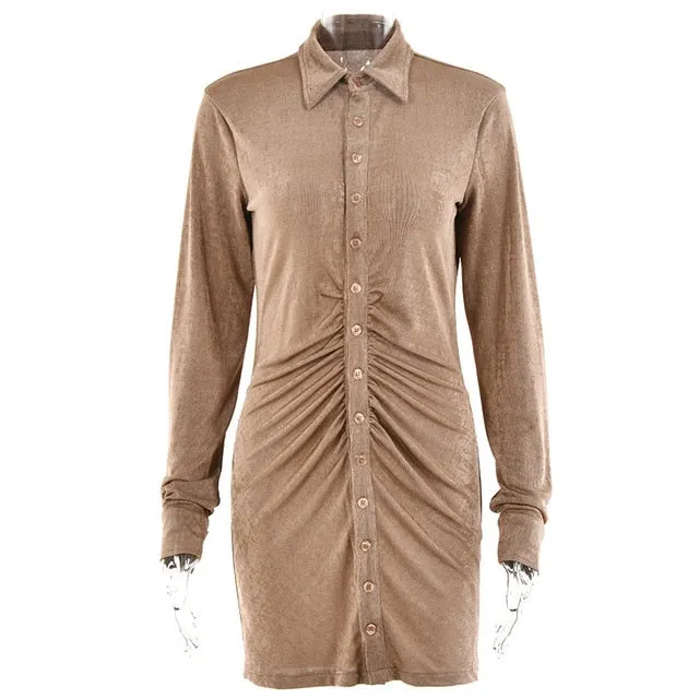 Autumn Ruched Long Sleeve Bodycon Turn-Down Collar Mini Dress Button Slim Party Dress