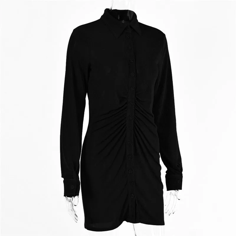 Autumn Ruched Long Sleeve Bodycon Turn-Down Collar Mini Dress Button Slim Party Dress