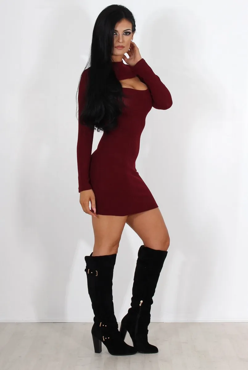 Bess Wine Ribbed Cut Out Dress