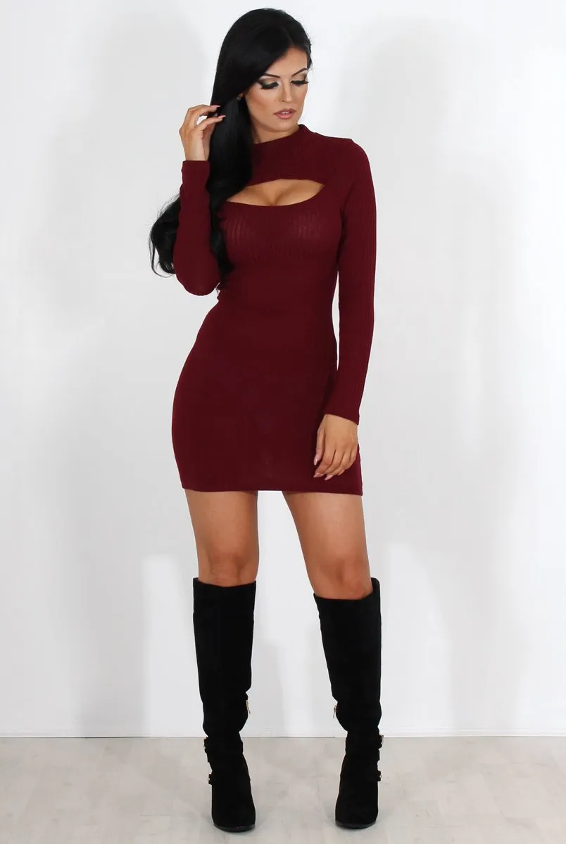 Bess Wine Ribbed Cut Out Dress