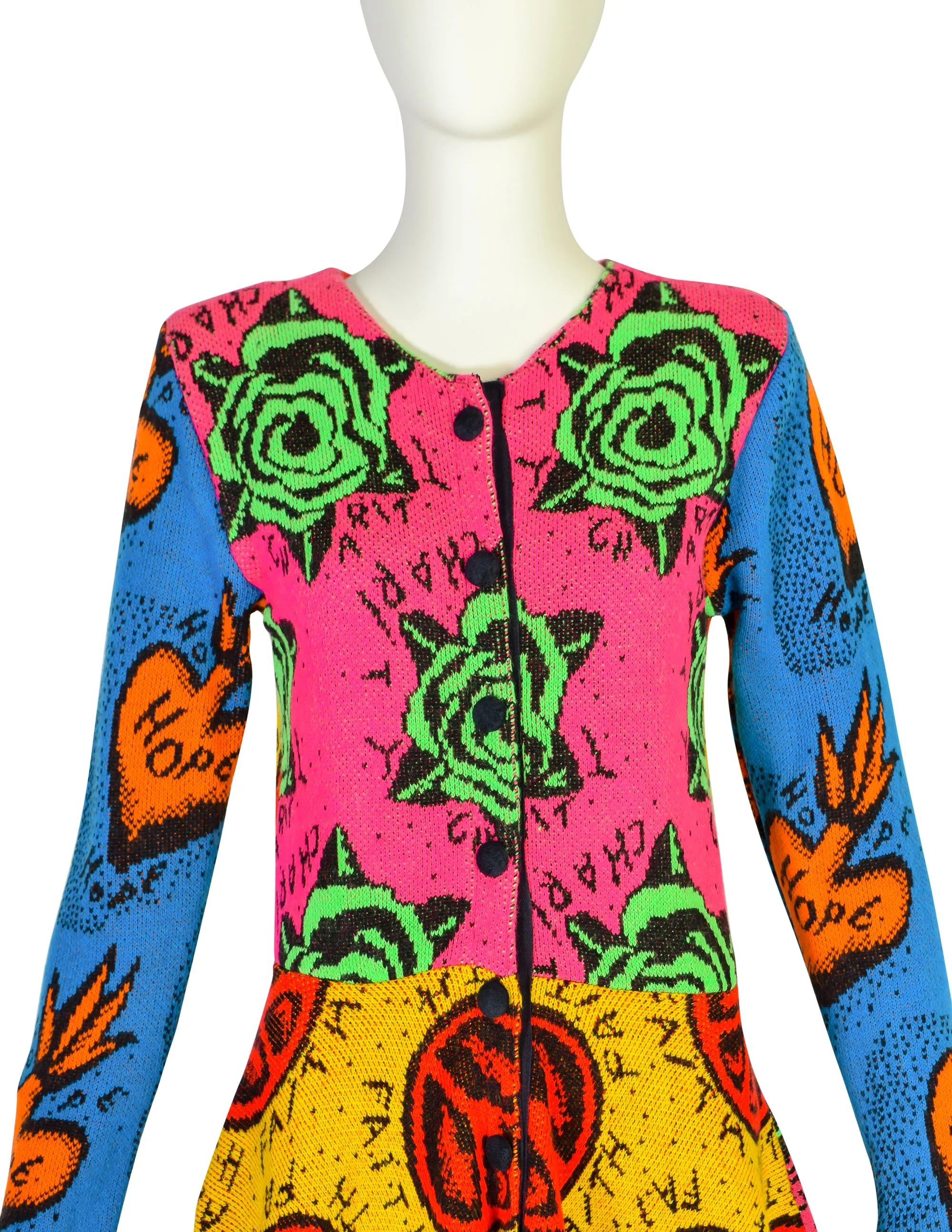 Betsey Johnson Punk Label Vintage Faith Hope Charity Vibrant Peplum Knit Sweater