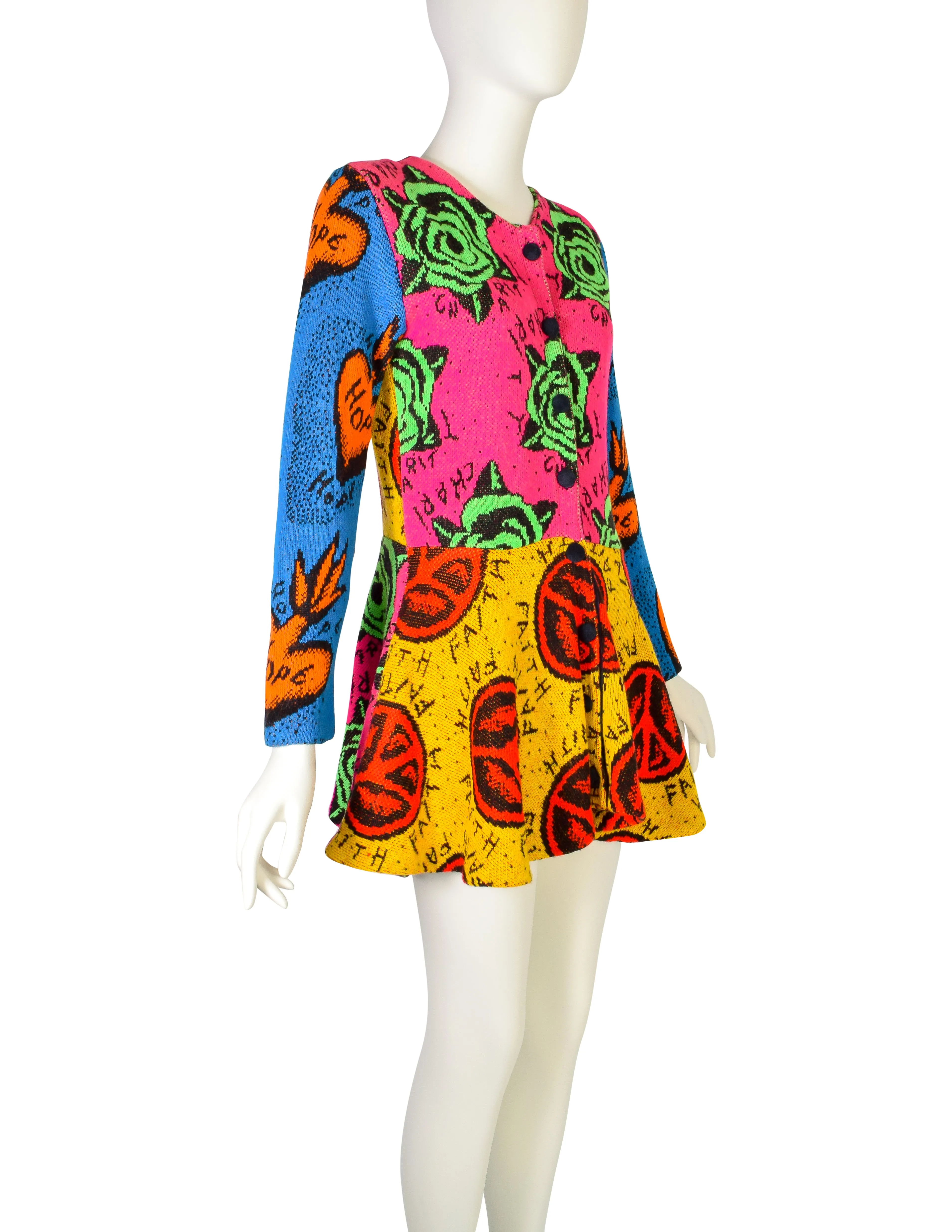 Betsey Johnson Punk Label Vintage Faith Hope Charity Vibrant Peplum Knit Sweater