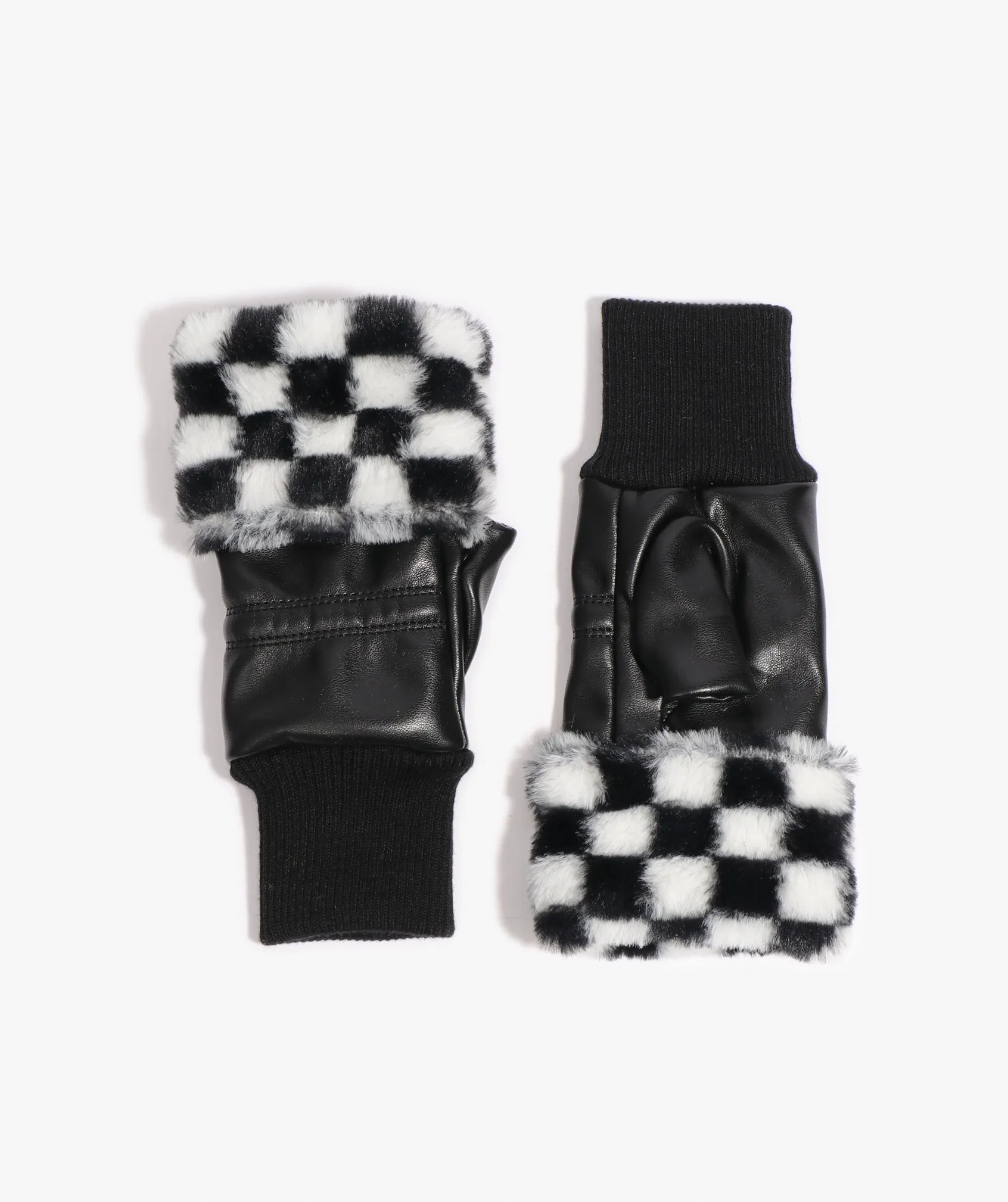 Black Faux Leather Fingerless Glove with Monochrome Check Cuff