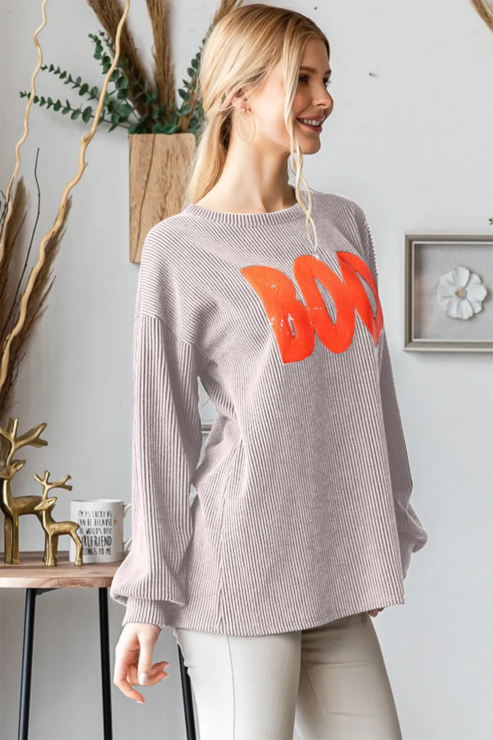 BOO Round Neck Long Sleeve Ribbed T-Shirt