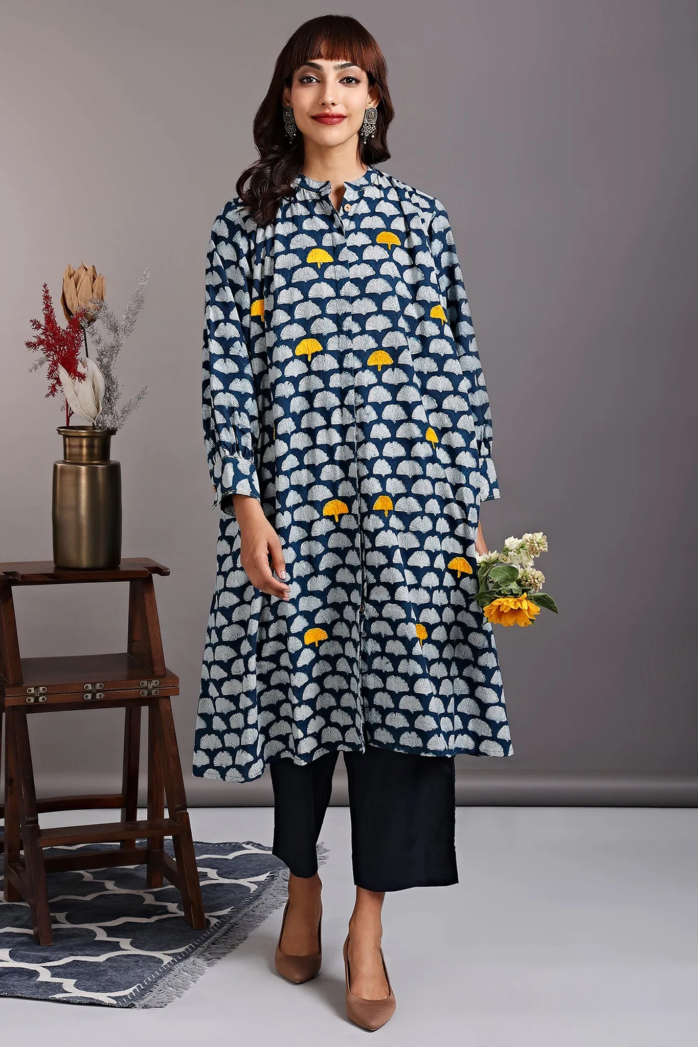 button down gather tunic - cosmopolitan sea & porcelain tulips