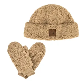 C.C Women Fuzzy Lined Sherpa Cuff Warm Winter Beanie & Mitten Set