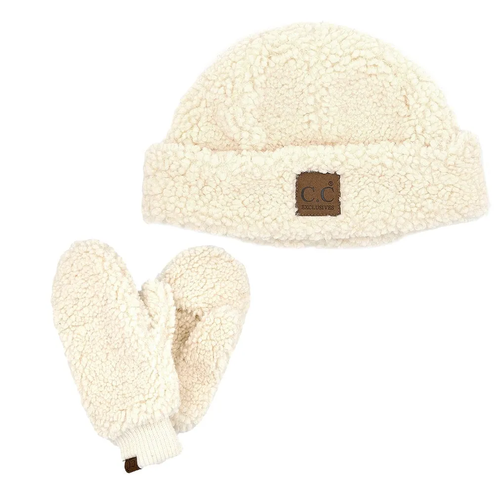 C.C Women Fuzzy Lined Sherpa Cuff Warm Winter Beanie & Mitten Set