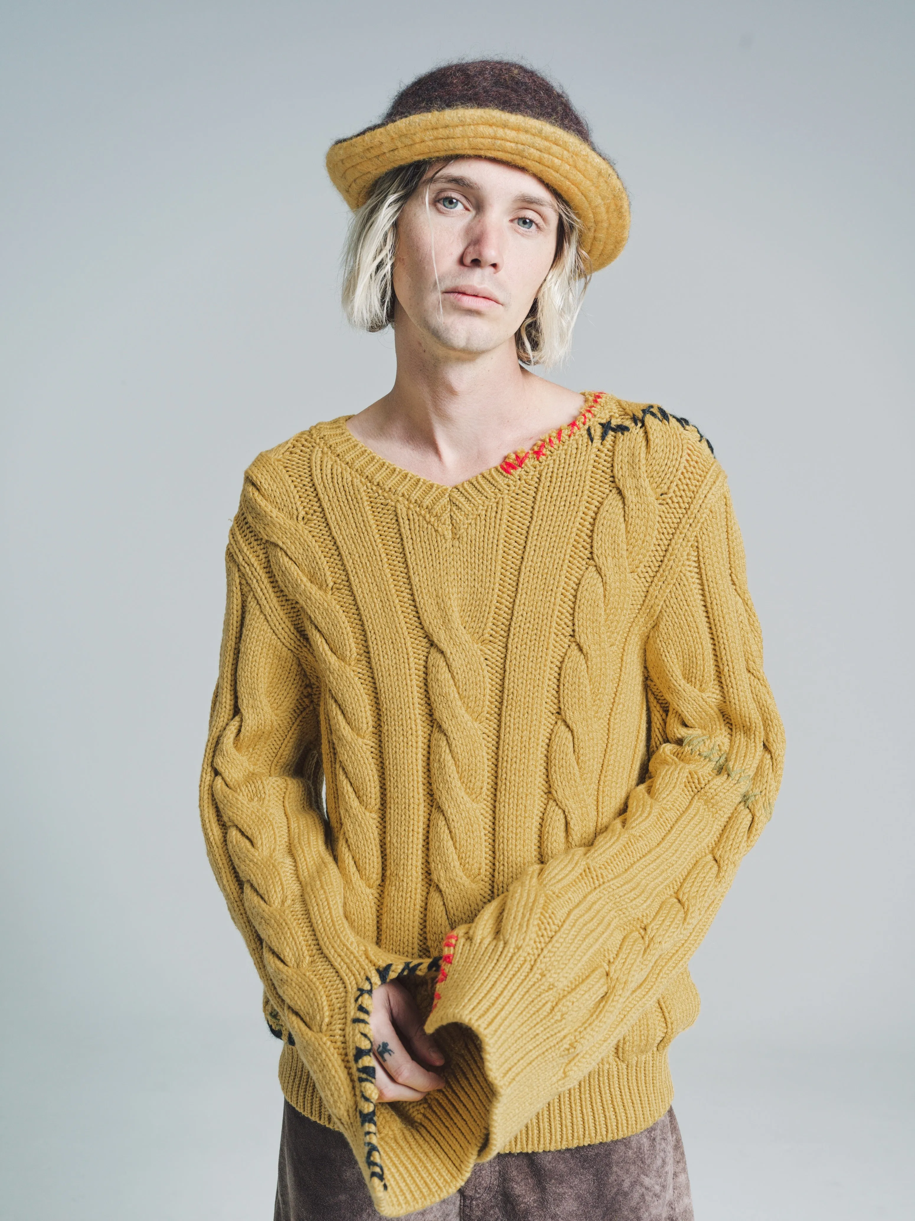 Cedar Yellow Cable Knit Punk Sweater