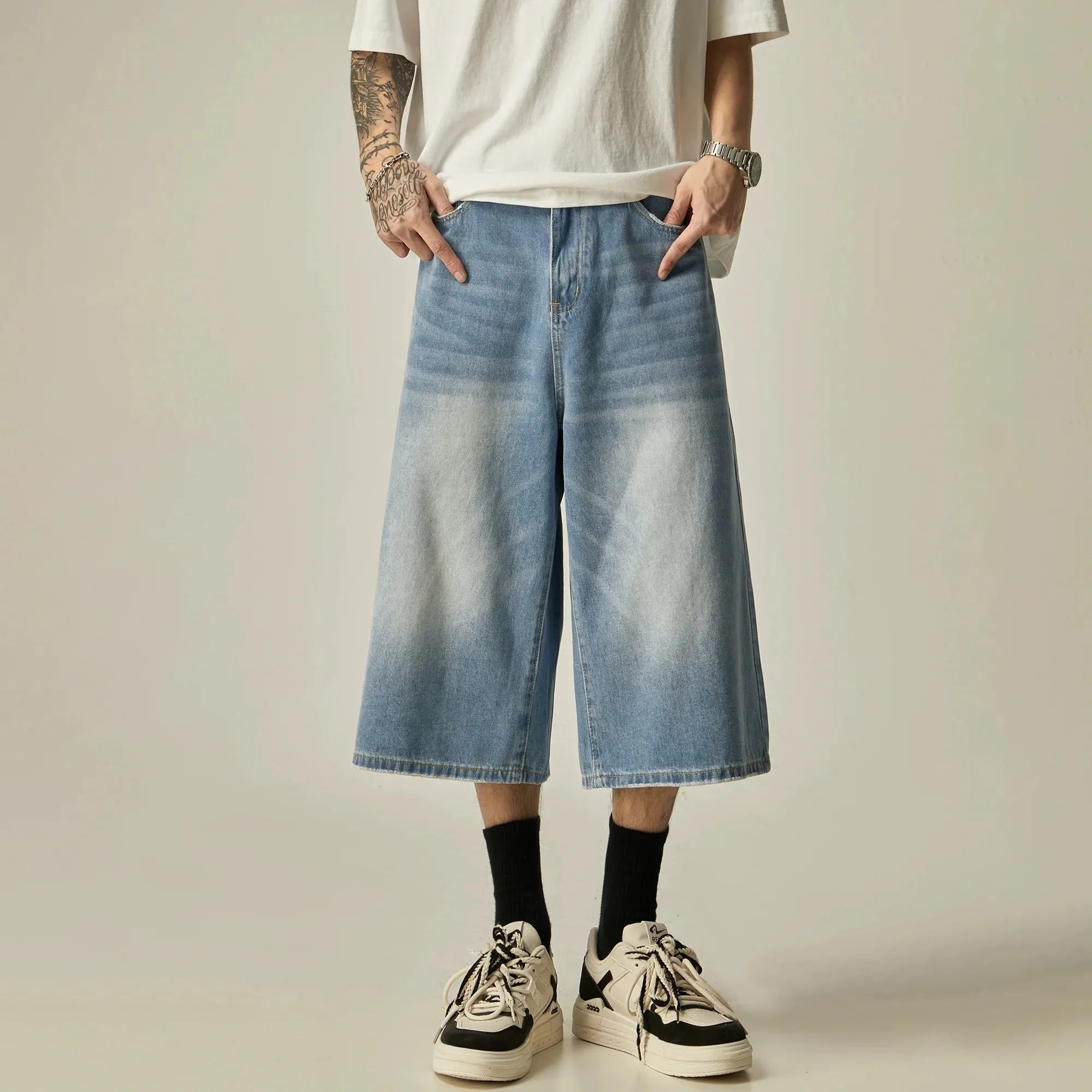 Charcoal Wide-Leg Cropped Denim Culottes