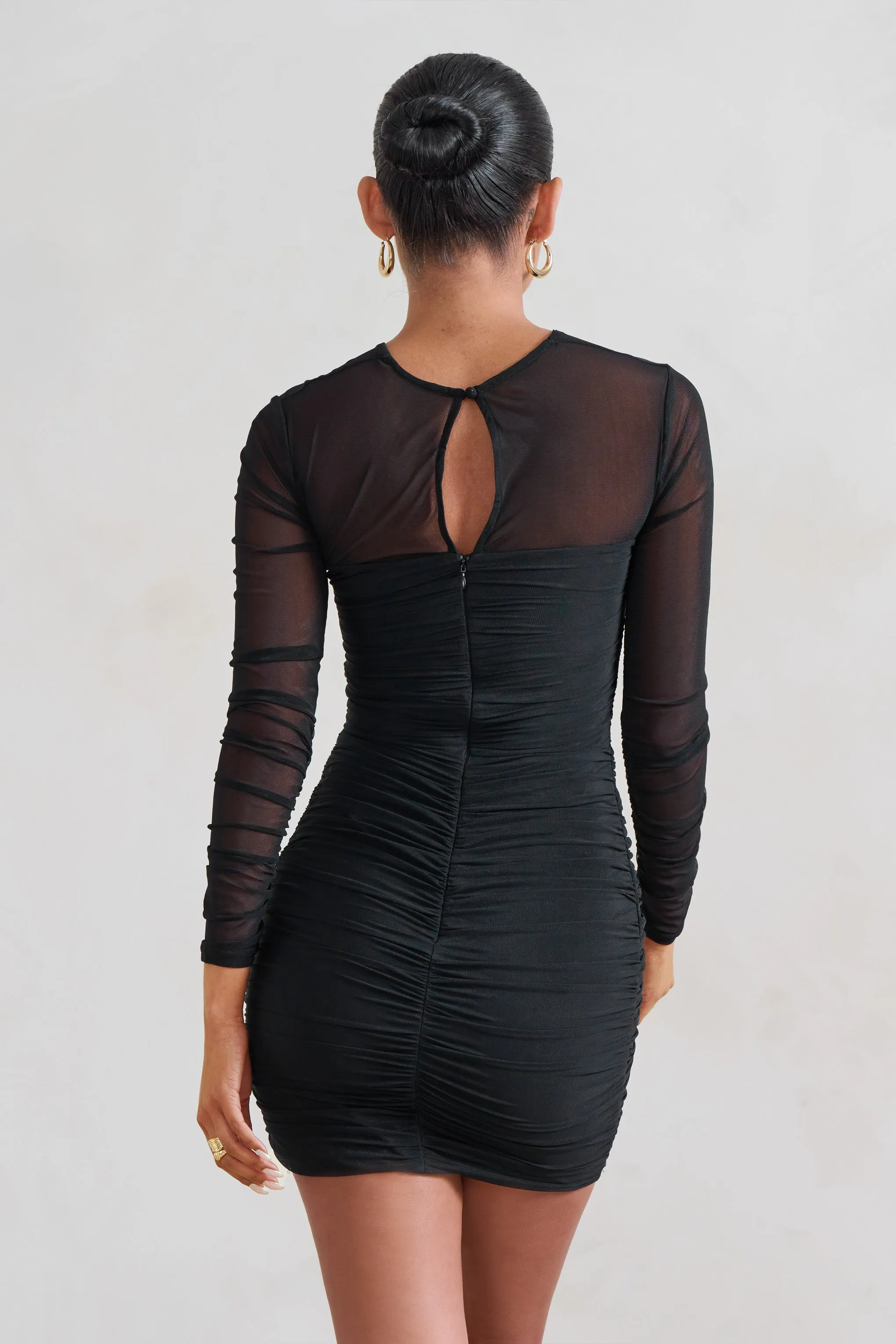 Daiquiri | Black Ruched Cut Out Mesh Mini Dress With Long Sleeves