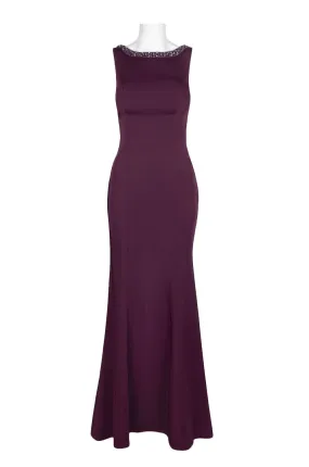 Dave & Johnny Embellished Boat Neck Sleeveless Bodycon Cutout Back Solid Satin Gown