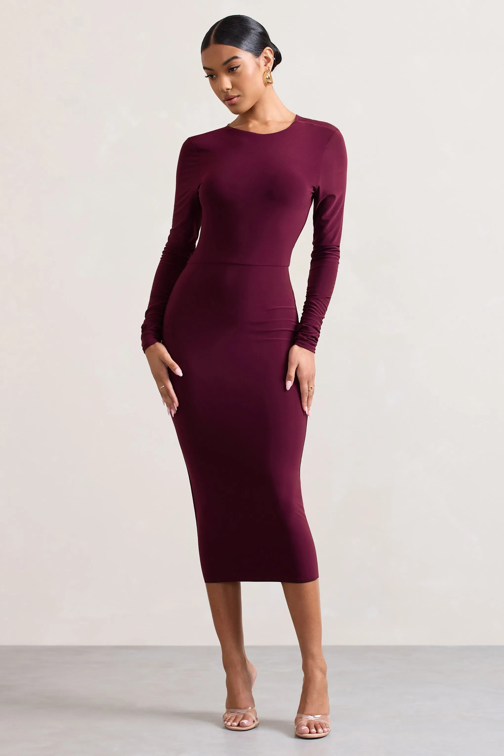 Dynasty Darling | Burgundy Cowl-Back Long-Sleeved Bodycon Midi Dress