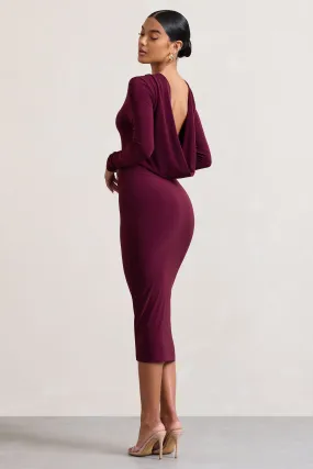 Dynasty Darling | Burgundy Cowl-Back Long-Sleeved Bodycon Midi Dress