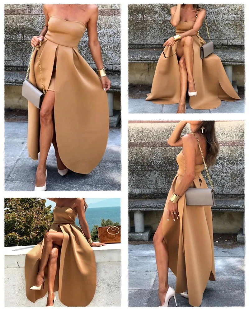 Elegant High Waist Strapless Patchwork Maxi Bodycon Dress