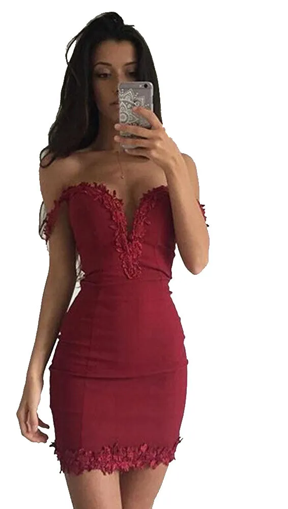 Emanuela Off The Shoulder Floral Lace Trim Bodycon Mini Rouge