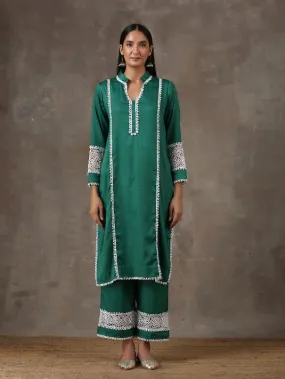 Emerald Green Lace Detail Cotton Kurta Set (Set of 2)