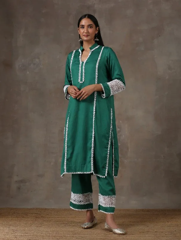 Emerald Green Lace Detail Cotton Kurta Set (Set of 2)