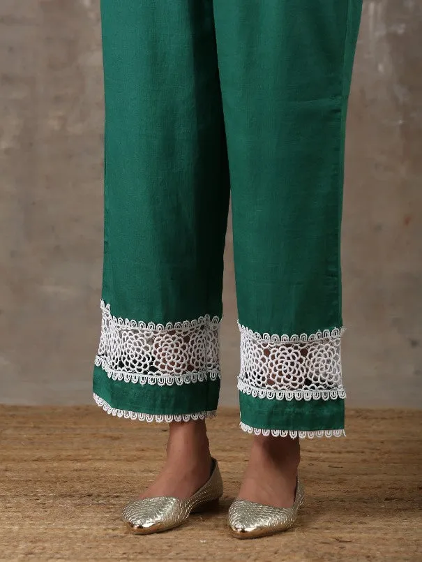 Emerald Green Lace Detail Cotton Kurta Set (Set of 2)