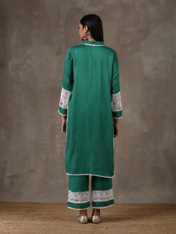 Emerald Green Lace Detail Cotton Kurta Set (Set of 2)