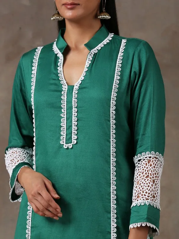 Emerald Green Lace Detail Cotton Kurta Set (Set of 2)