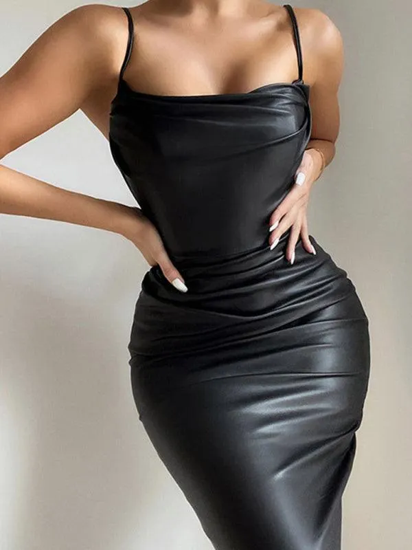 Faux Leather Bodycon Evening Dress