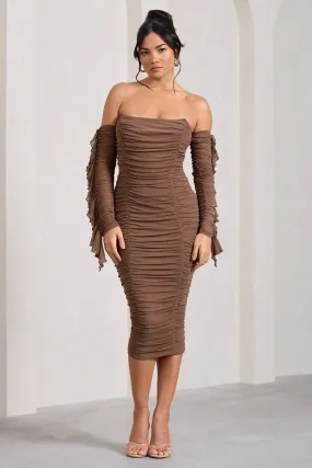 Favor | Mocha Ruched Mesh Bardot Midi Dress