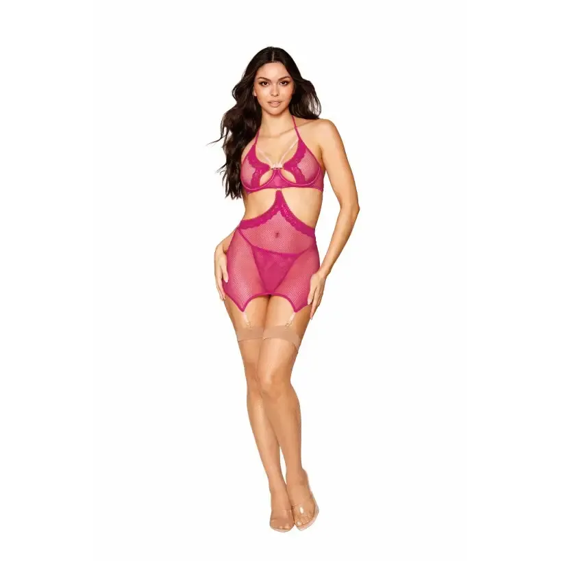 Fishnet & Lace Garter Slip Set Beet O/s