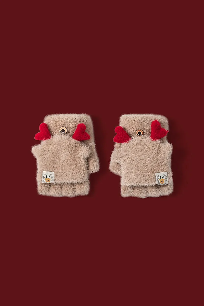 Fuzzy Christmas Fingerless Gloves with Flip-Top