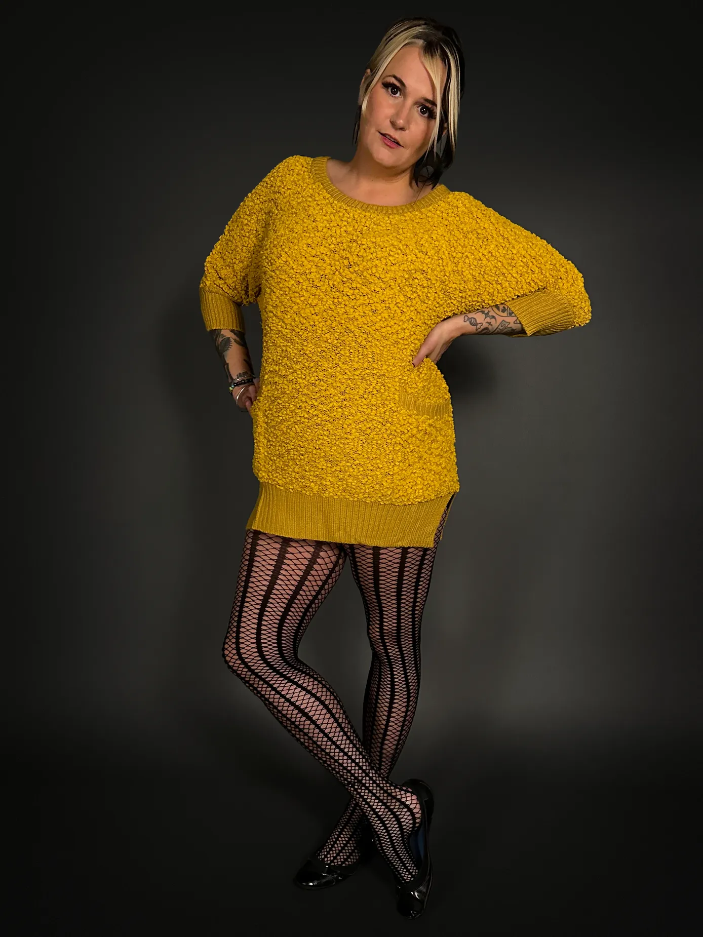 Fuzzy Short Indie Sweater Dress with Pockets in Mustard Yellow