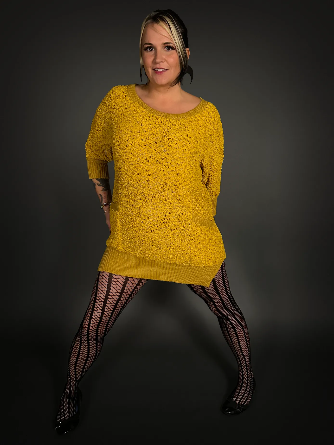 Fuzzy Short Indie Sweater Dress with Pockets in Mustard Yellow