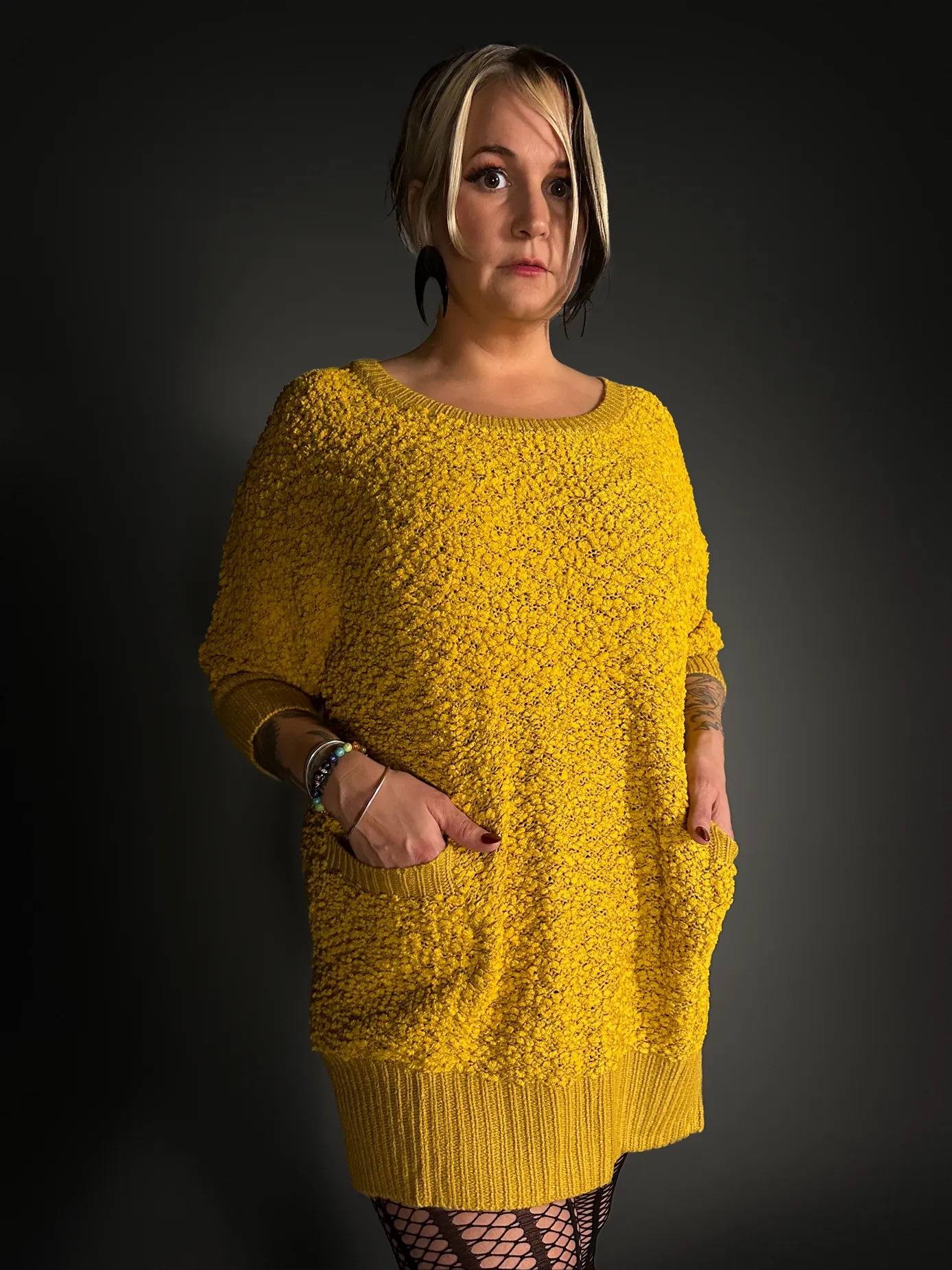 Fuzzy Short Indie Sweater Dress with Pockets in Mustard Yellow