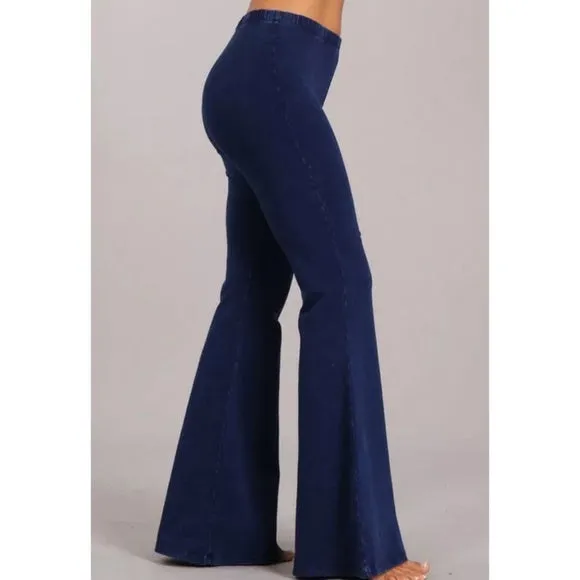 Galaxy Blue Boho Mineral Wash Flared Bell Bottom Stretch Pull On Pants Womens