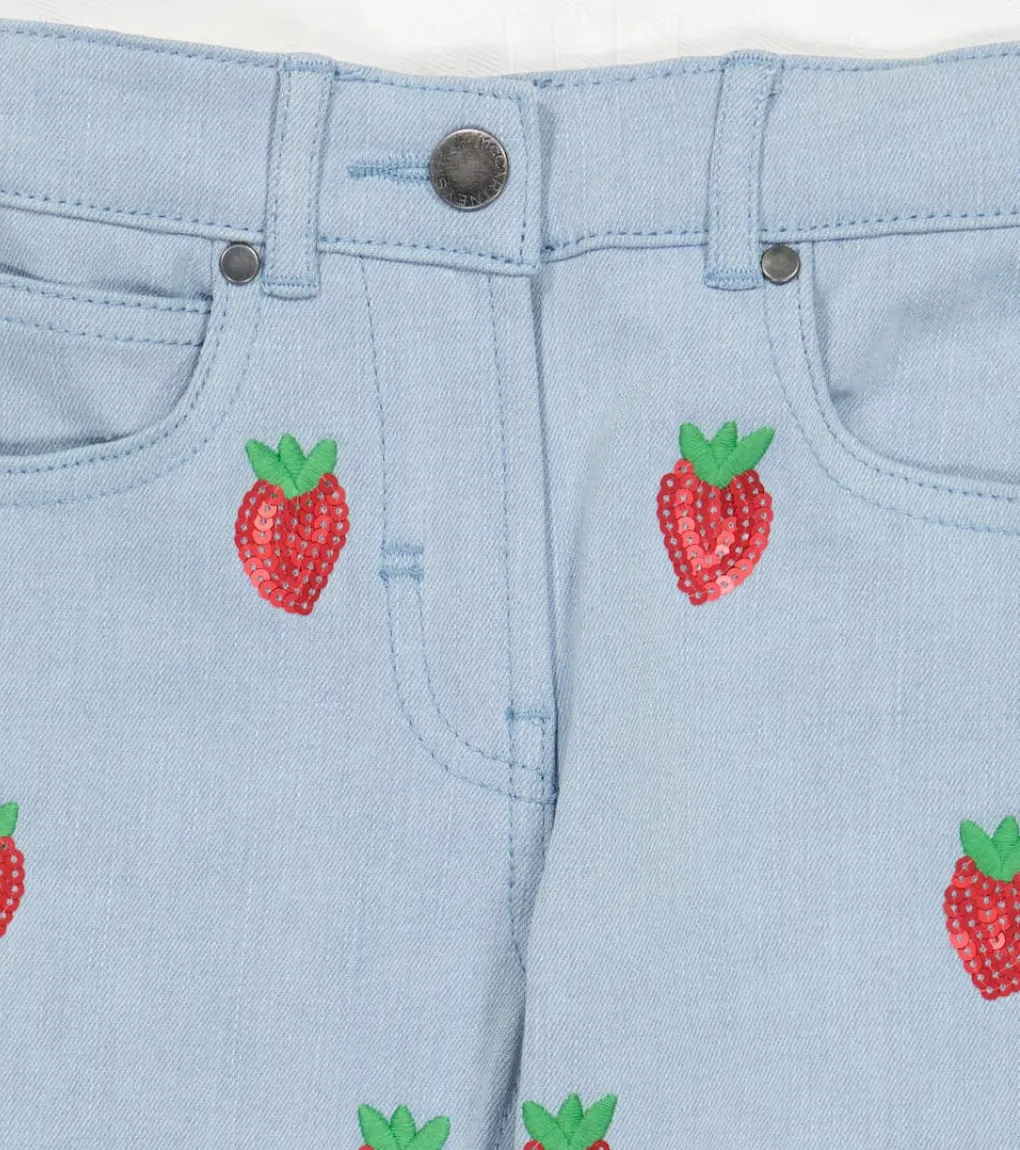 Girl's Sequin Strawberries Embroidered Flare Denim Pants