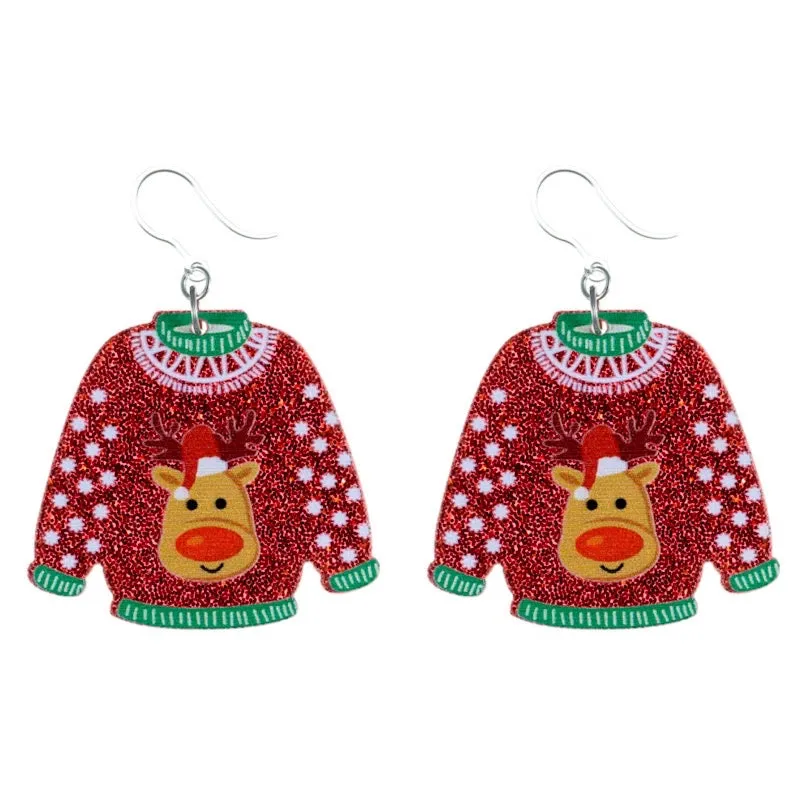 Glittery Christmas Sweater Dangles Hypoallergenic Earrings for Sensitive Ears Made with Plastic Posts