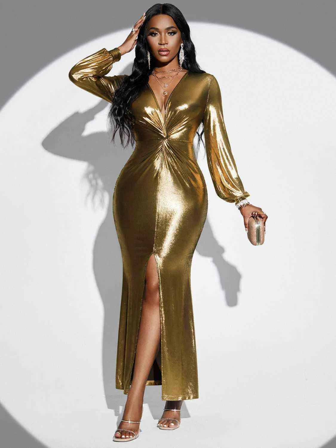 Gold Twisted Front Slit Maxi Dress