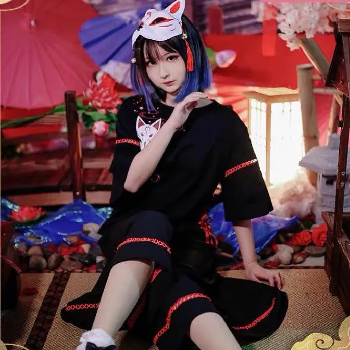 Gothic Kitsune Black Japanese Witch Costume Set