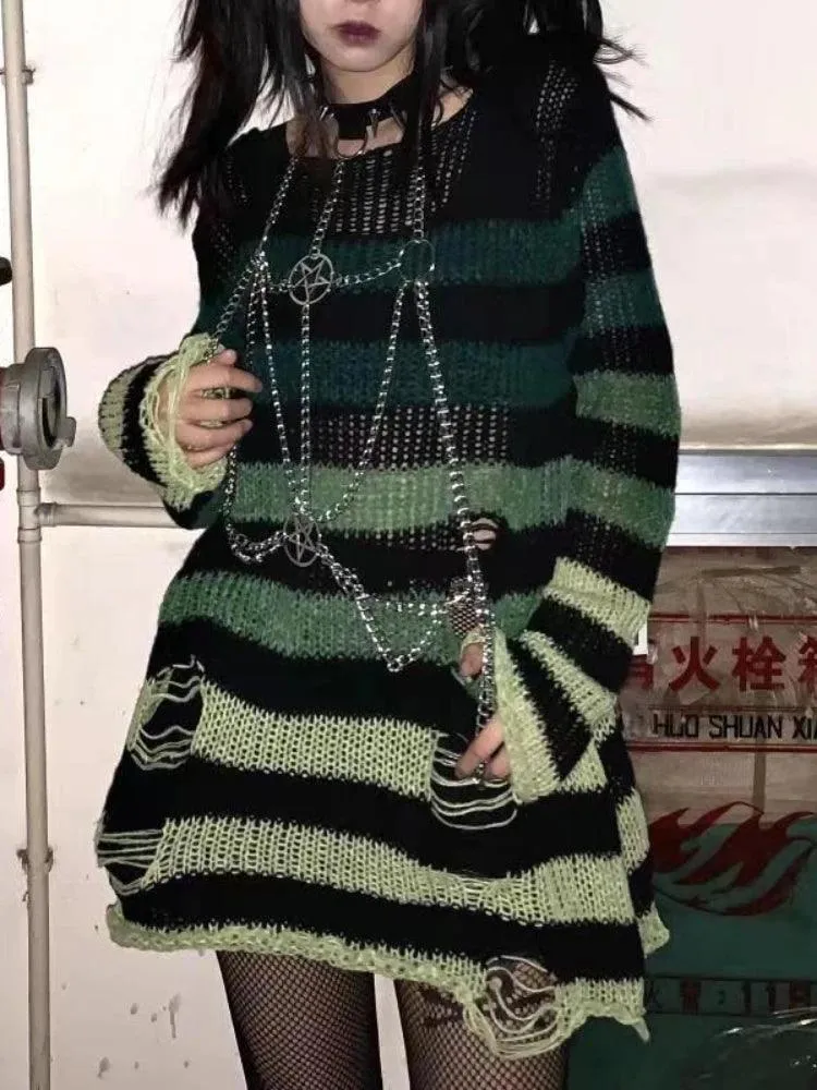 Gothic Striped Sweater: Edgy Punk Style Statement for Women